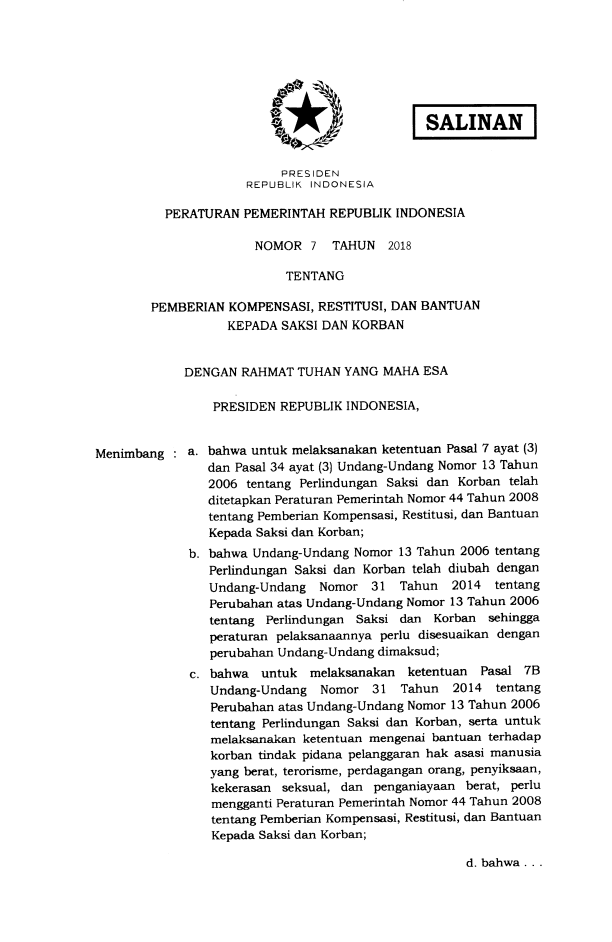 Peraturan Pemerintah Nomor 7 Tahun 2018