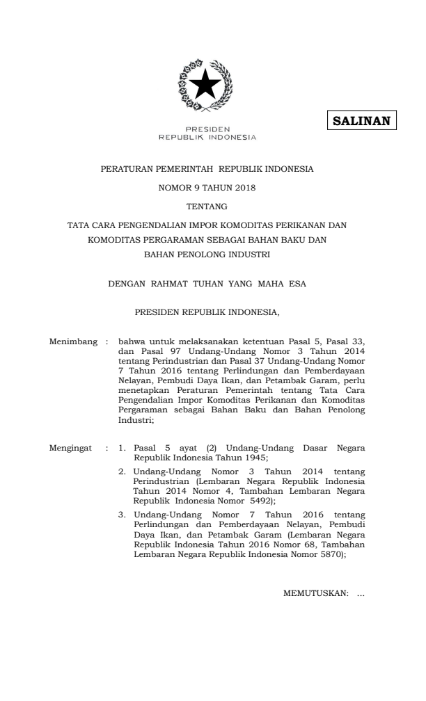 Peraturan Pemerintah Nomor 9 Tahun 2018