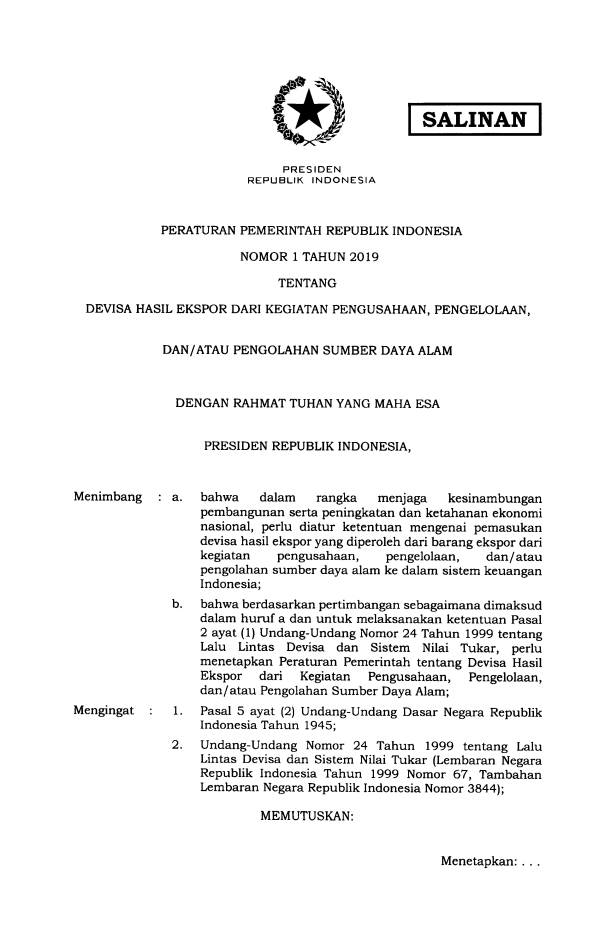 Peraturan Pemerintah Nomor 1 Tahun 2019