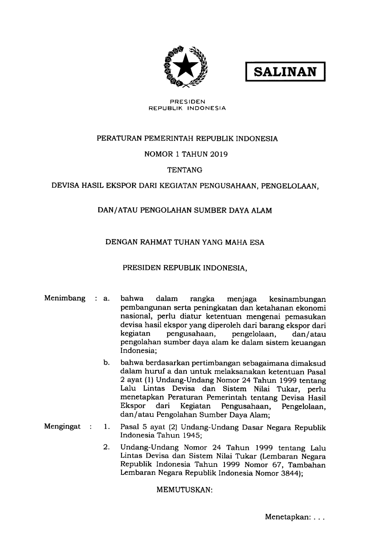 Peraturan Pemerintah Nomor 1 Tahun 2019