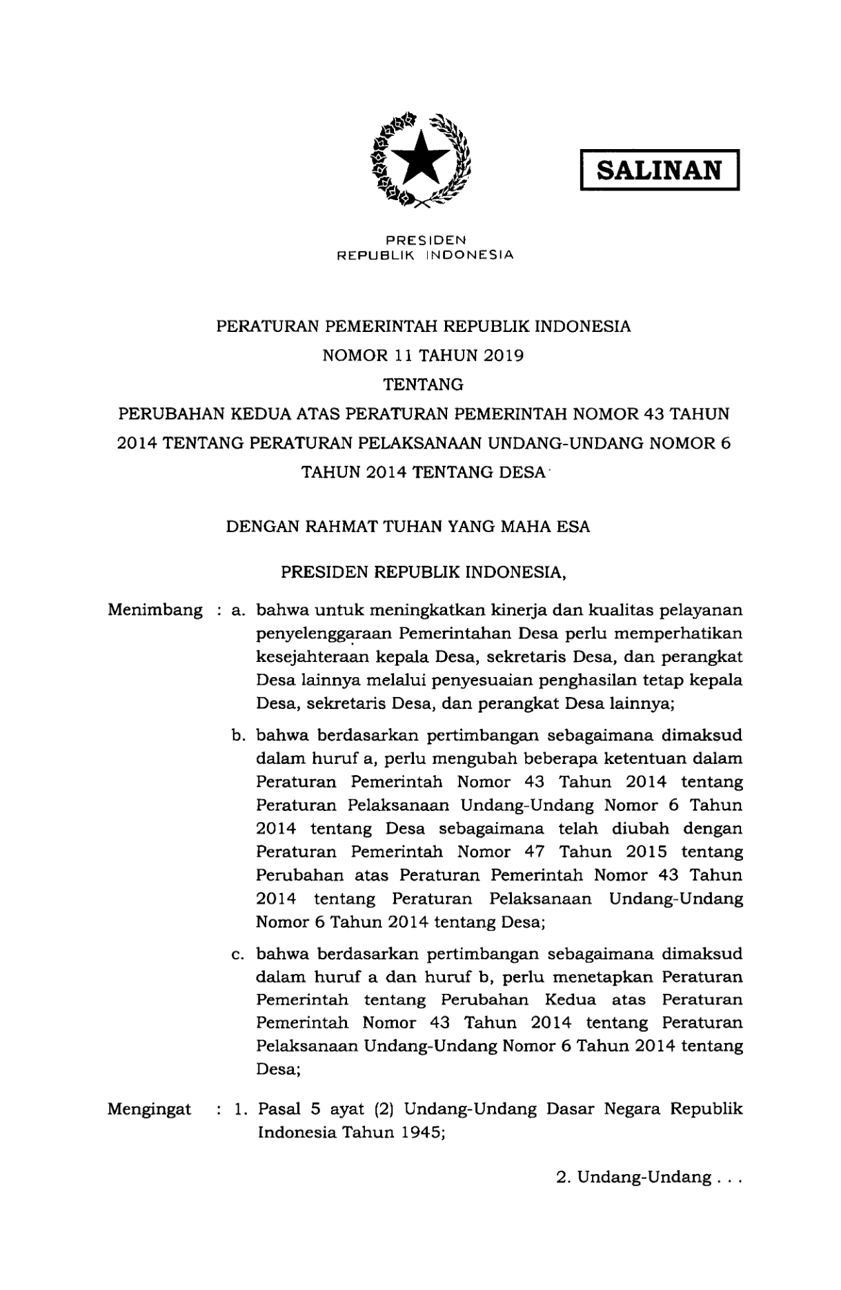 Peraturan Pemerintah Nomor 11 Tahun 2019