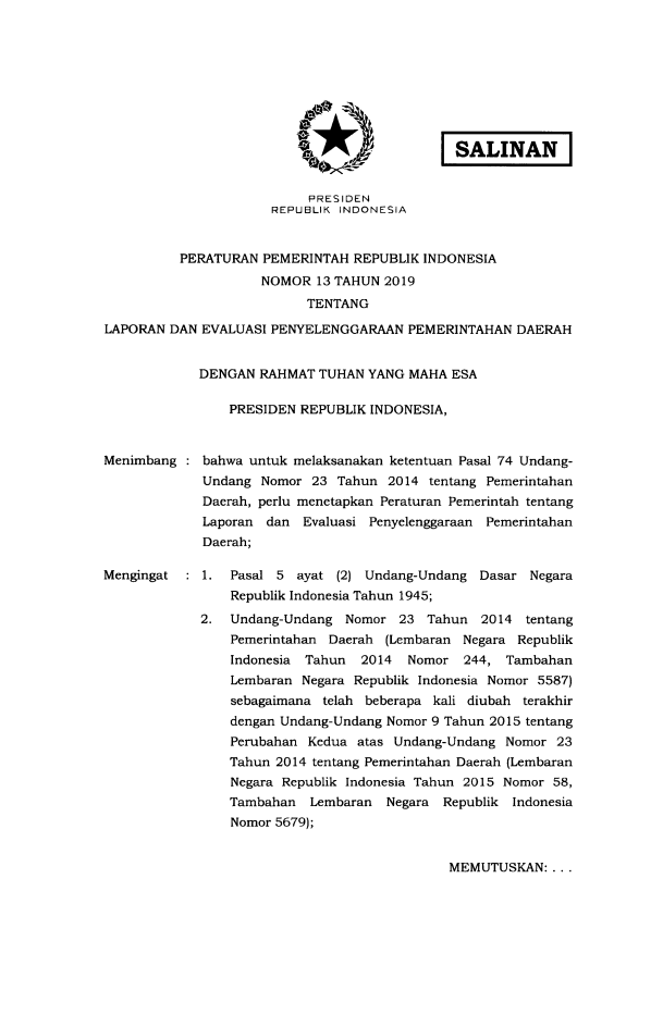 Peraturan Pemerintah Nomor 13 Tahun 2019