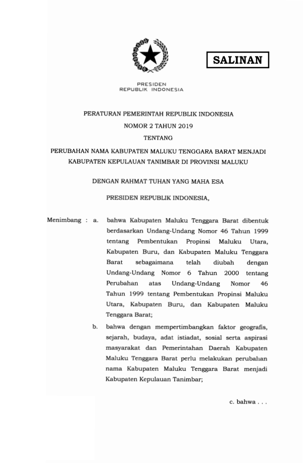 Peraturan Pemerintah Nomor 2 Tahun 2019