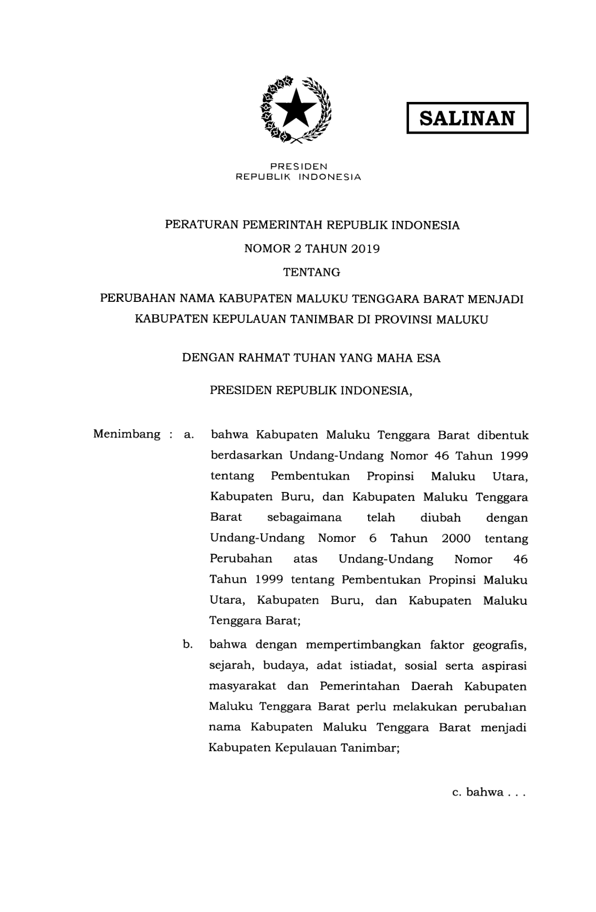 Peraturan Pemerintah Nomor 2 Tahun 2019