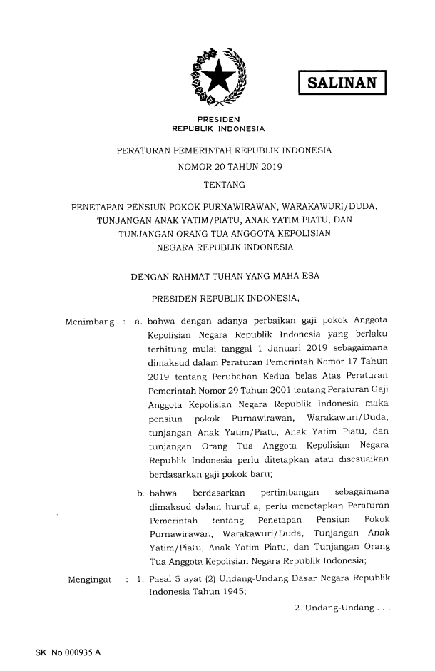 Peraturan Pemerintah Nomor 20 Tahun 2019