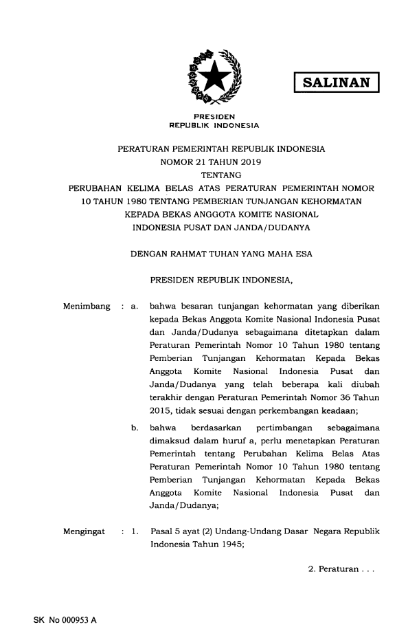 Peraturan Pemerintah Nomor 21 Tahun 2019