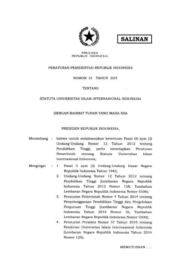 Peraturan Pemerintah Nomor 23 Tahun 2019