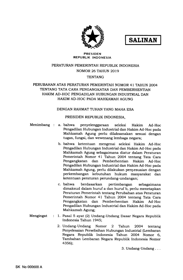 Peraturan Pemerintah Nomor 26 Tahun 2019