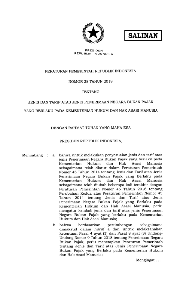 Peraturan Pemerintah Nomor 28 Tahun 2019