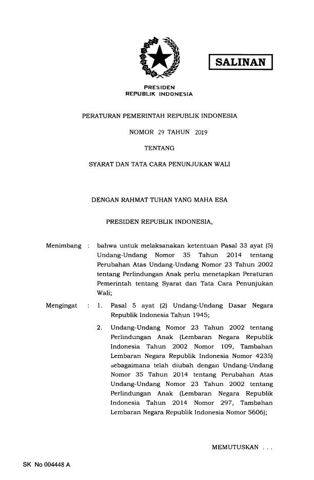 Peraturan Pemerintah Nomor 29 Tahun 2019