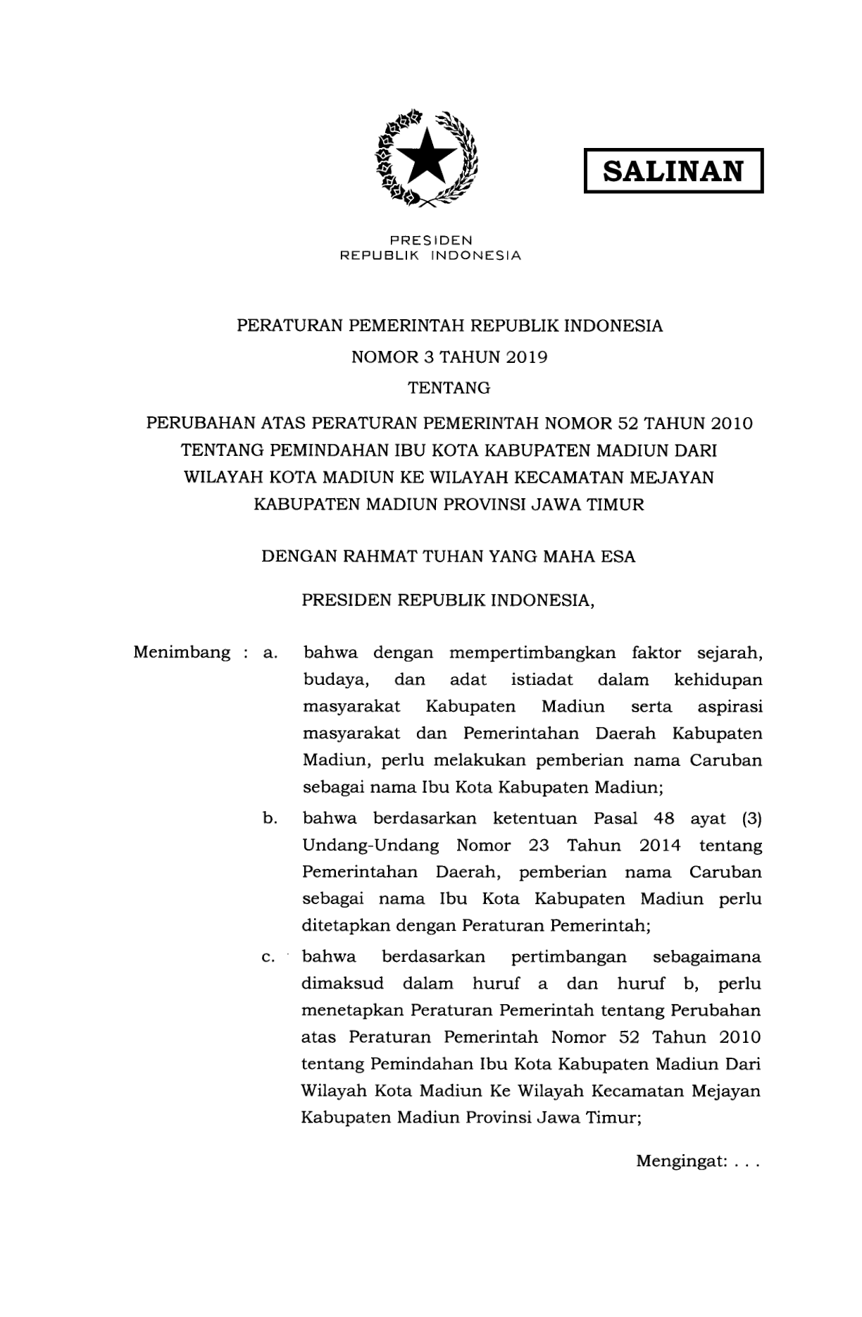 Peraturan Pemerintah Nomor 3 Tahun 2019