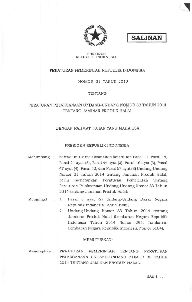 Peraturan Pemerintah Nomor 31 Tahun 2019