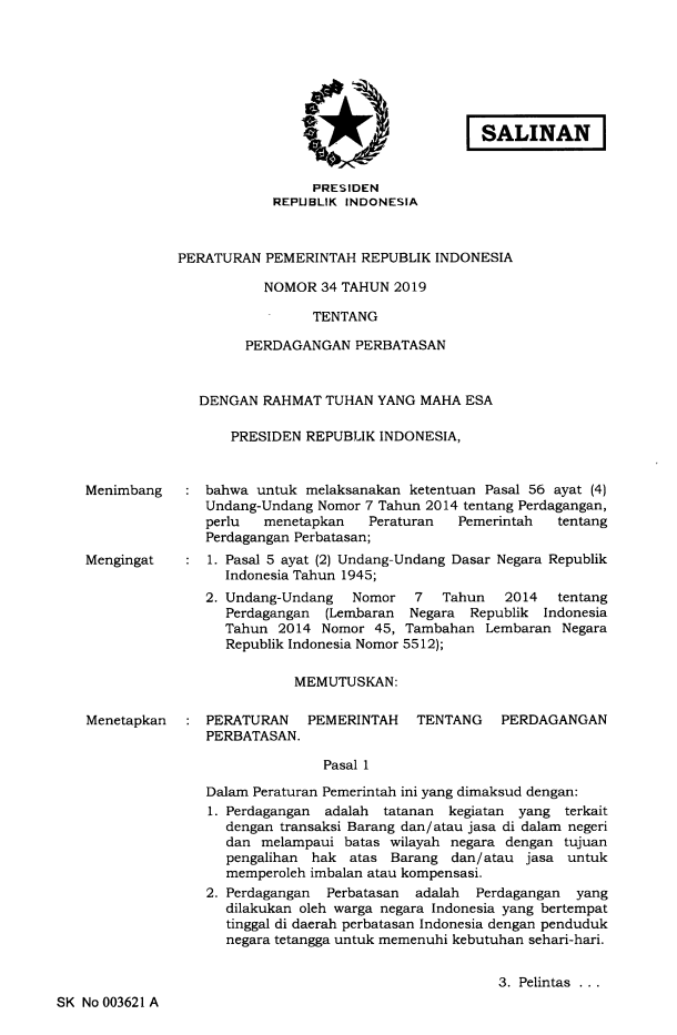 Peraturan Pemerintah Nomor 34 Tahun 2019