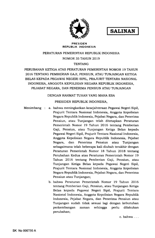 Peraturan Pemerintah Nomor 35 Tahun 2019