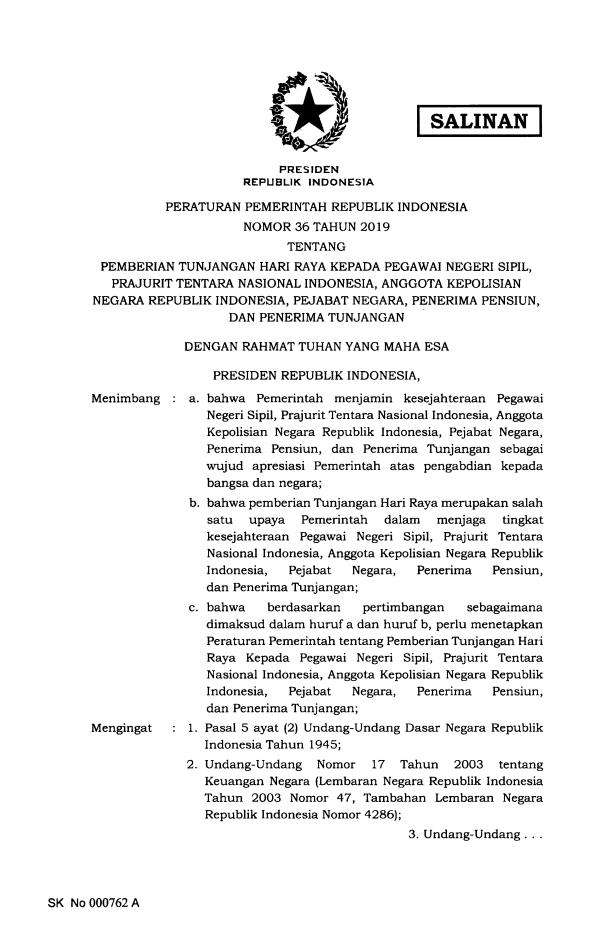 Peraturan Pemerintah Nomor 36 Tahun 2019