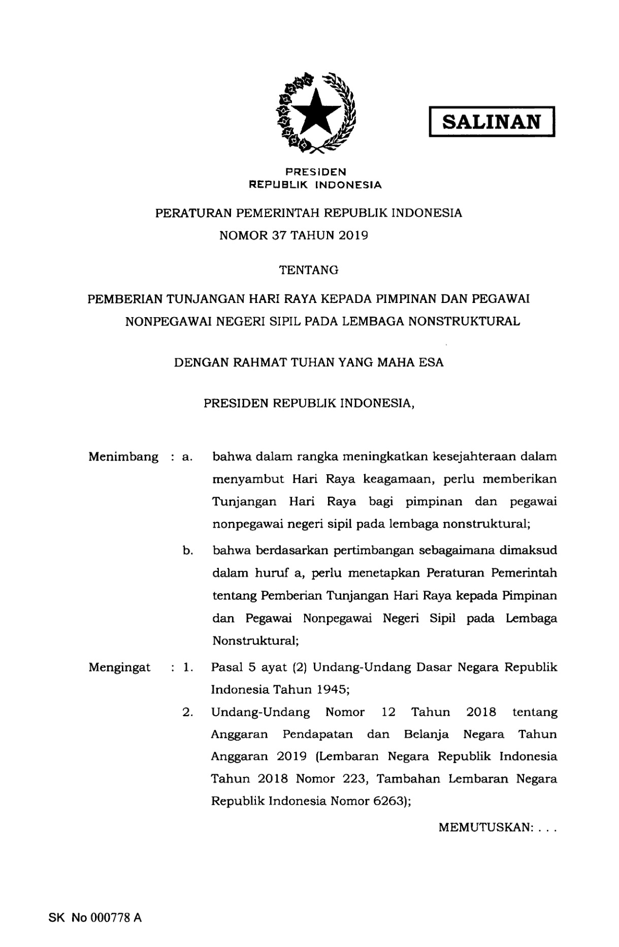 Peraturan Pemerintah Nomor 37 Tahun 2019