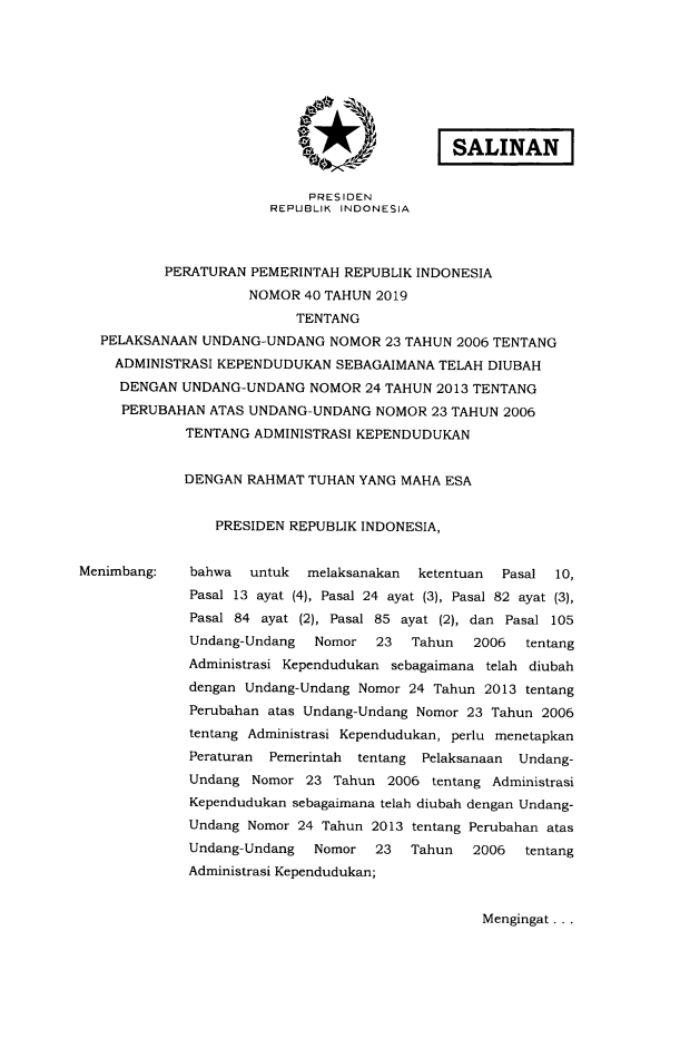 Peraturan Pemerintah Nomor 40 Tahun 2019