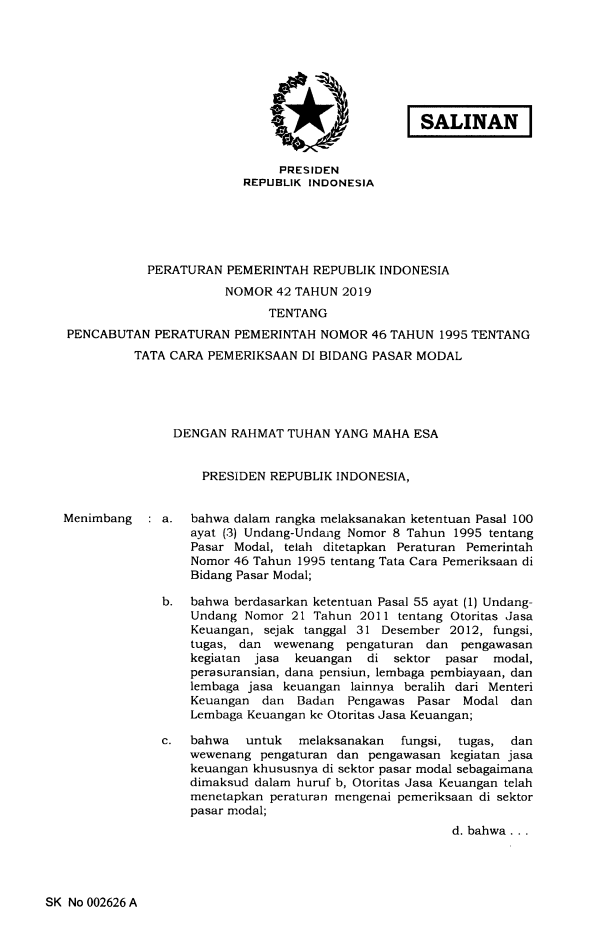 Peraturan Pemerintah Nomor 42 Tahun 2019