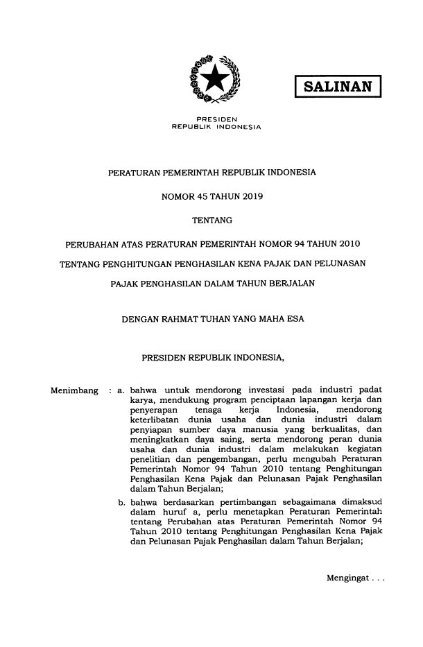 Peraturan Pemerintah Nomor 45 Tahun 2019