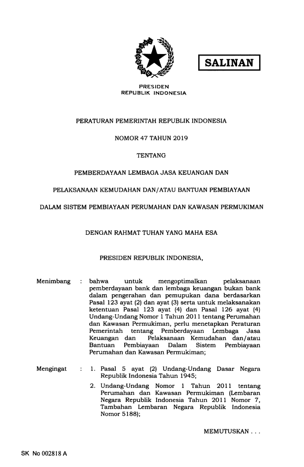 Peraturan Pemerintah Nomor 47 Tahun 2019