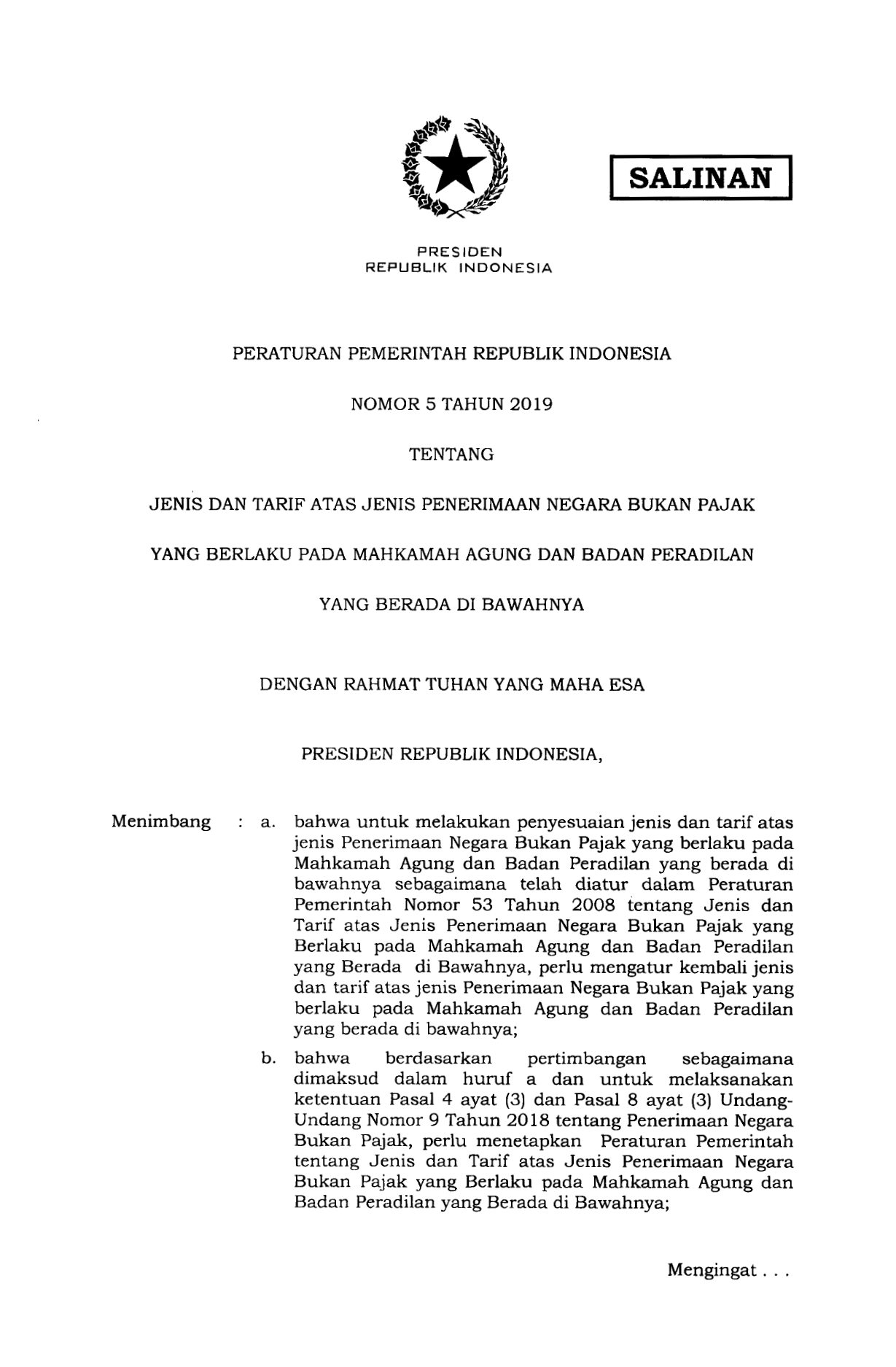Peraturan Pemerintah Nomor 5 Tahun 2019