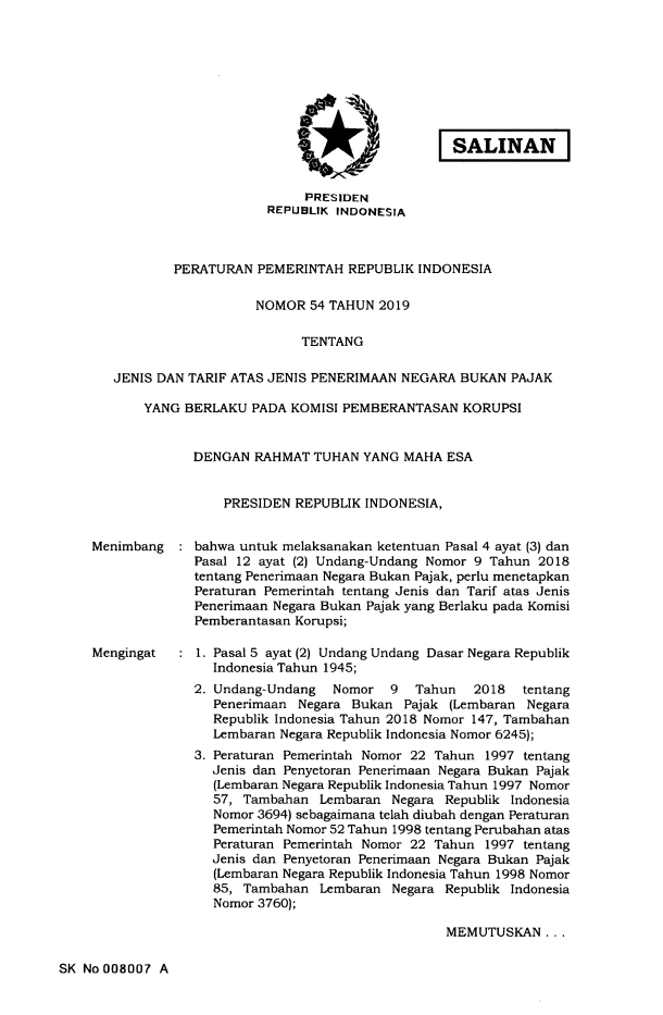 Peraturan Pemerintah Nomor 54 Tahun 2019