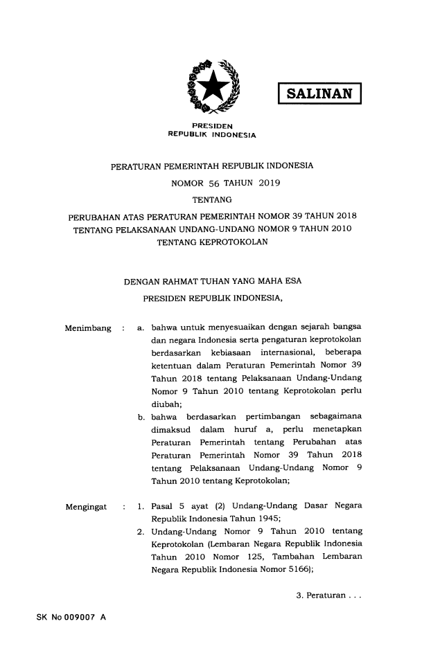 Peraturan Pemerintah Nomor 56 Tahun 2019