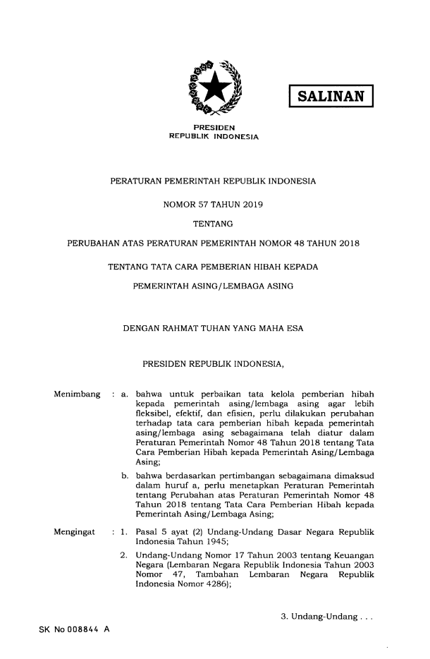 Peraturan Pemerintah Nomor 57 Tahun 2019