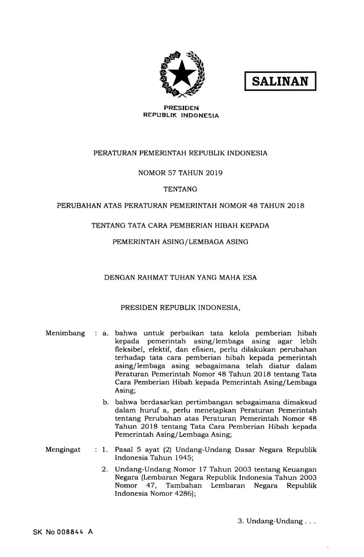Peraturan Pemerintah Nomor 57 Tahun 2019