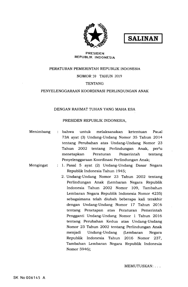 Peraturan Pemerintah Nomor 59 Tahun 2019