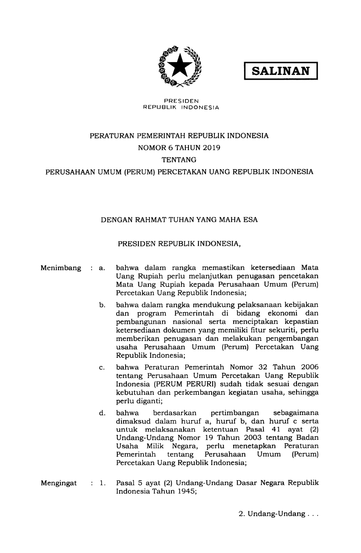 Peraturan Pemerintah Nomor 6 Tahun 2019