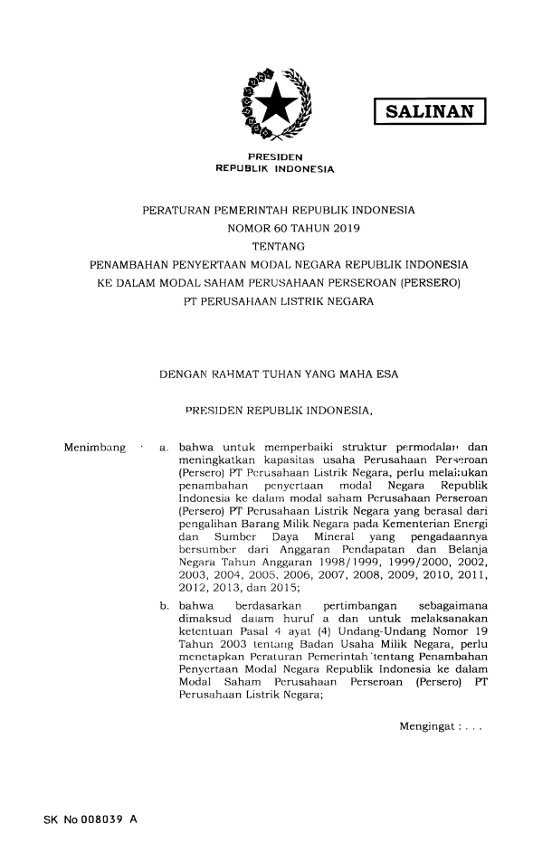 Peraturan Pemerintah Nomor 60 Tahun 2019