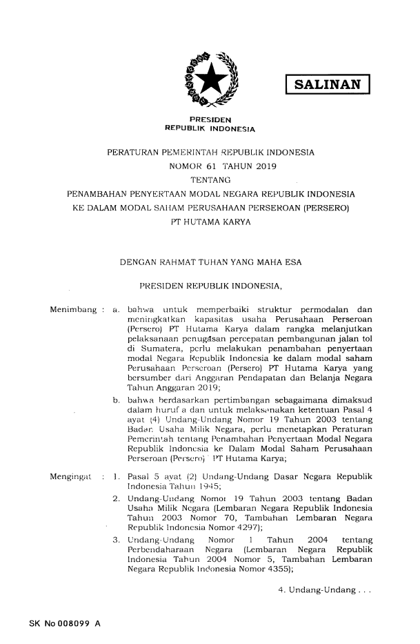 Peraturan Pemerintah Nomor 61 Tahun 2019