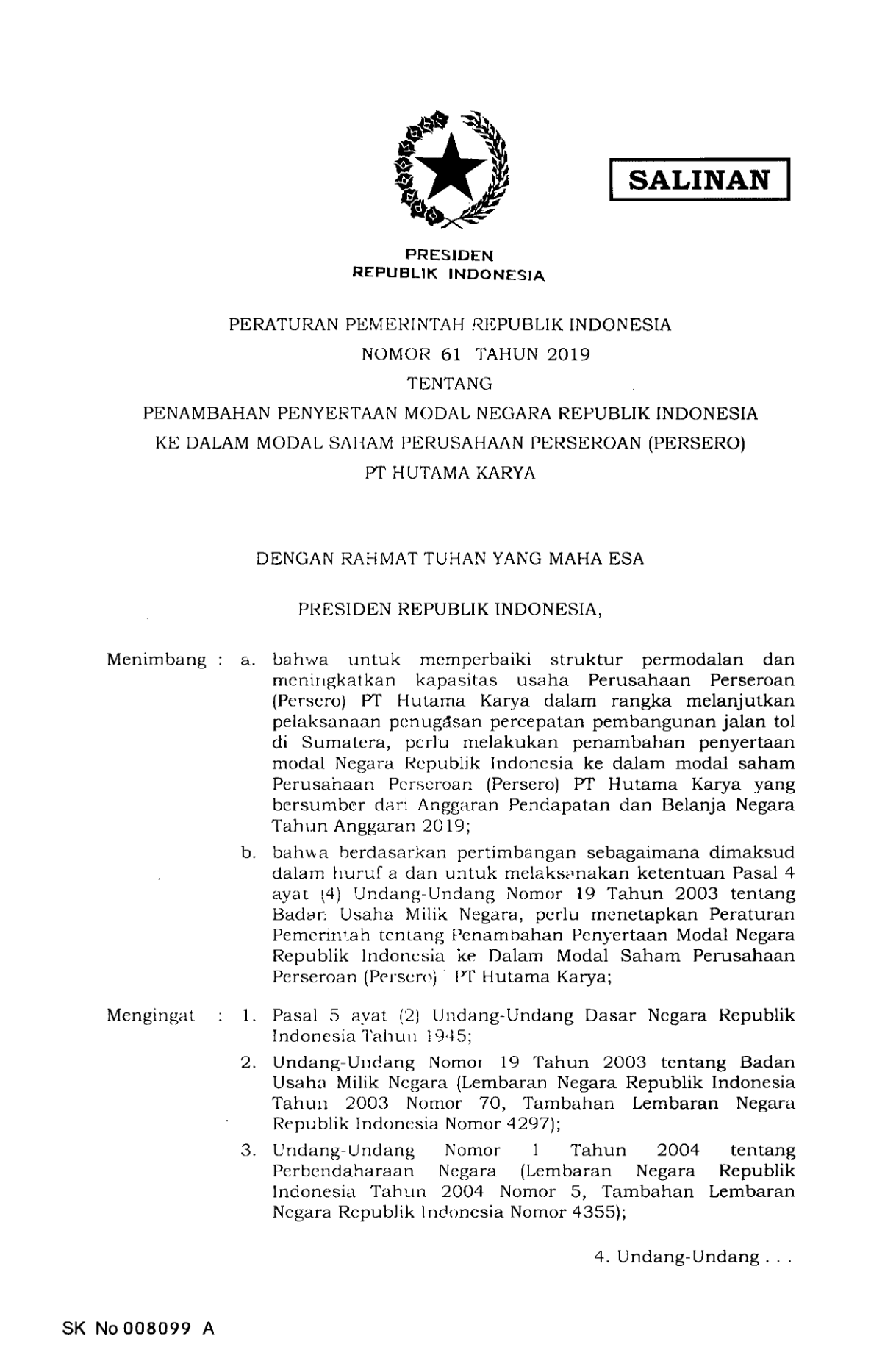Peraturan Pemerintah Nomor 61 Tahun 2019