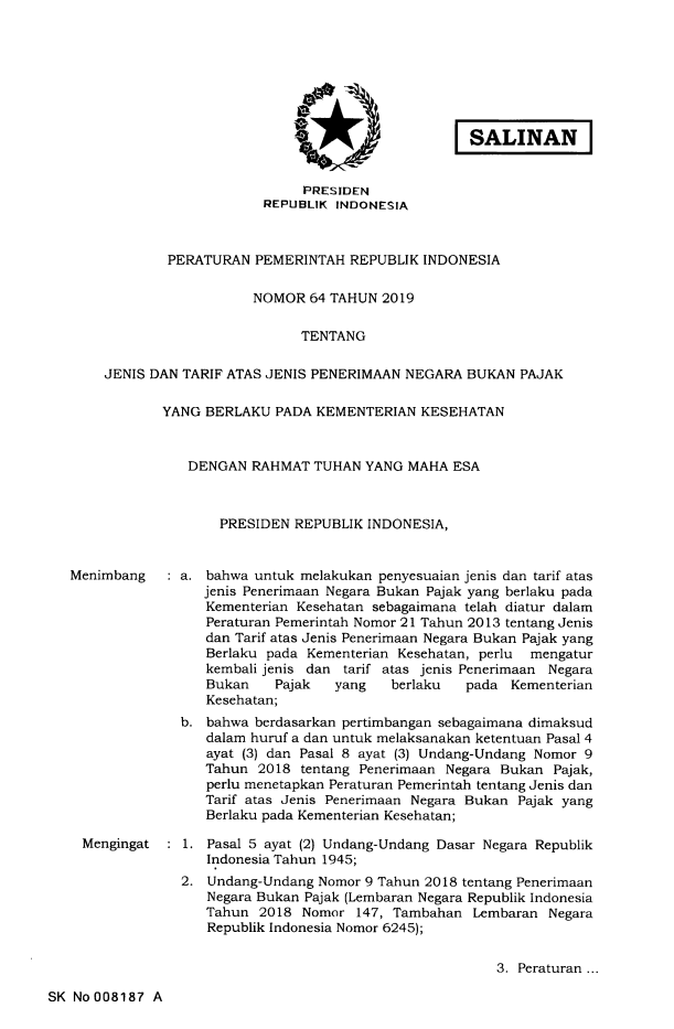 Peraturan Pemerintah Nomor 64 Tahun 2019