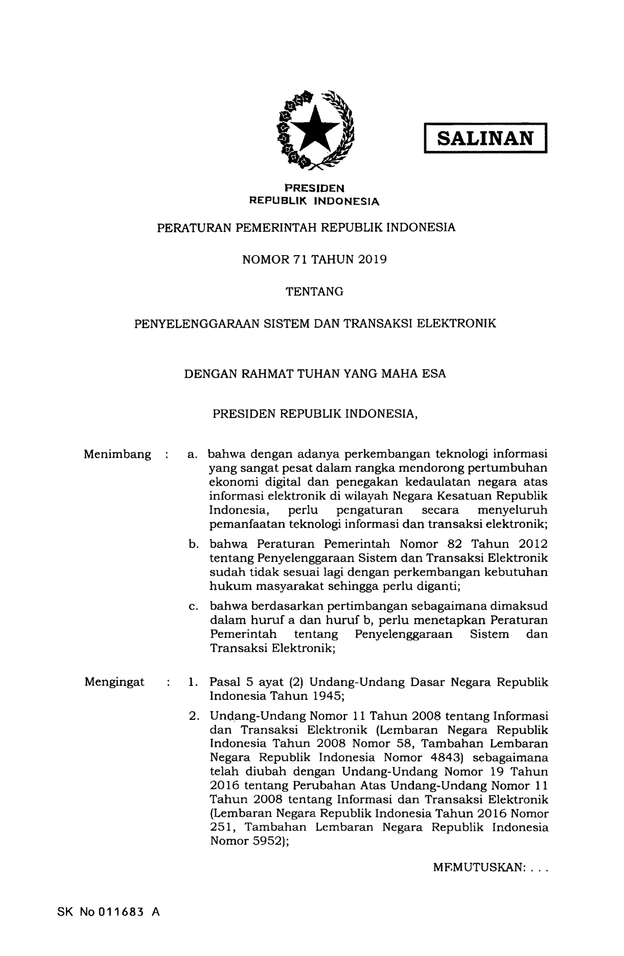 Peraturan Pemerintah Nomor 71 Tahun 2019