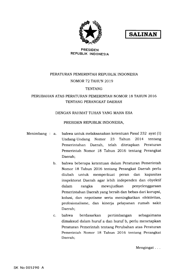 Peraturan Pemerintah Nomor 72 Tahun 2019