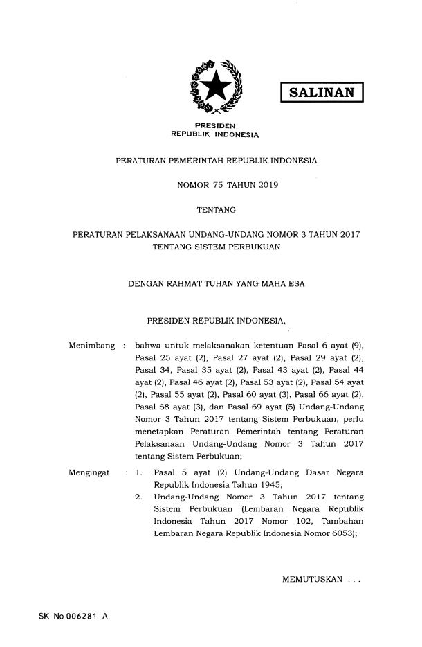 Peraturan Pemerintah Nomor 75 Tahun 2019