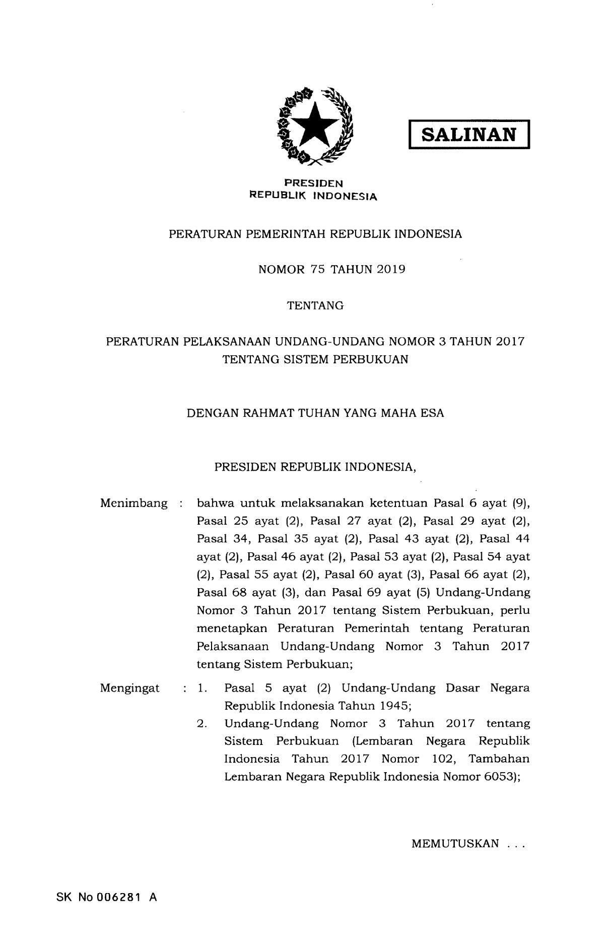 Peraturan Pemerintah Nomor 75 Tahun 2019