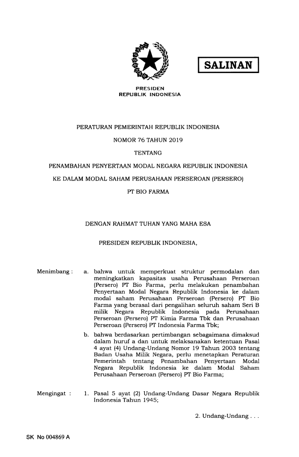 Peraturan Pemerintah Nomor 76 Tahun 2019