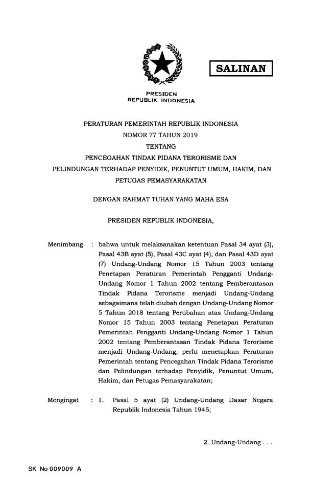 Peraturan Pemerintah Nomor 77 Tahun 2019