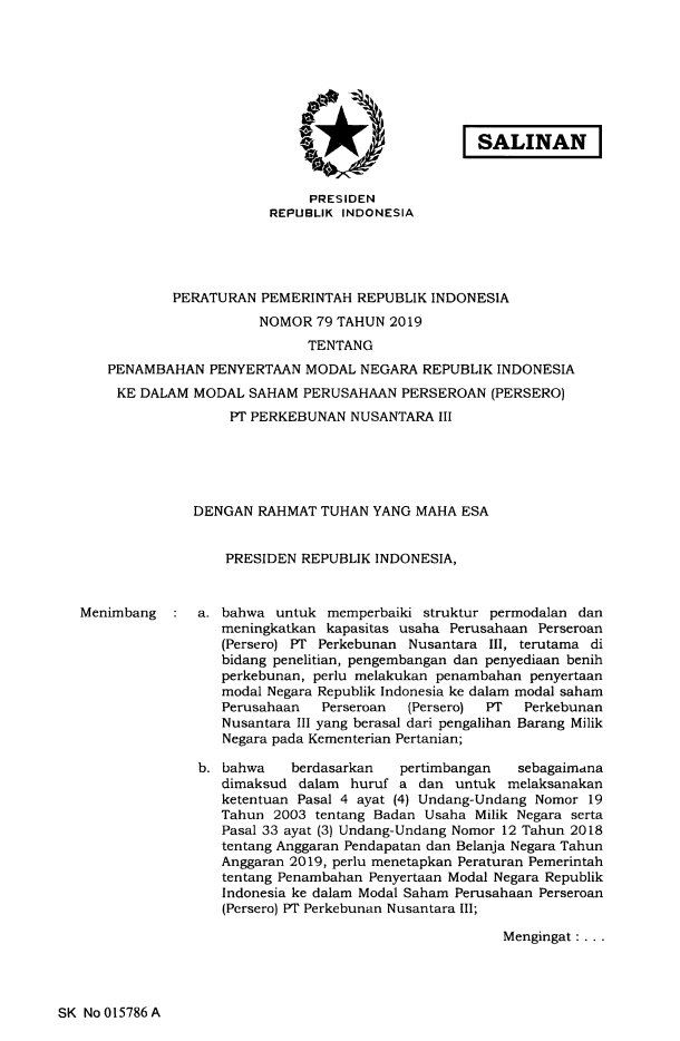 Peraturan Pemerintah Nomor 79 Tahun 2019