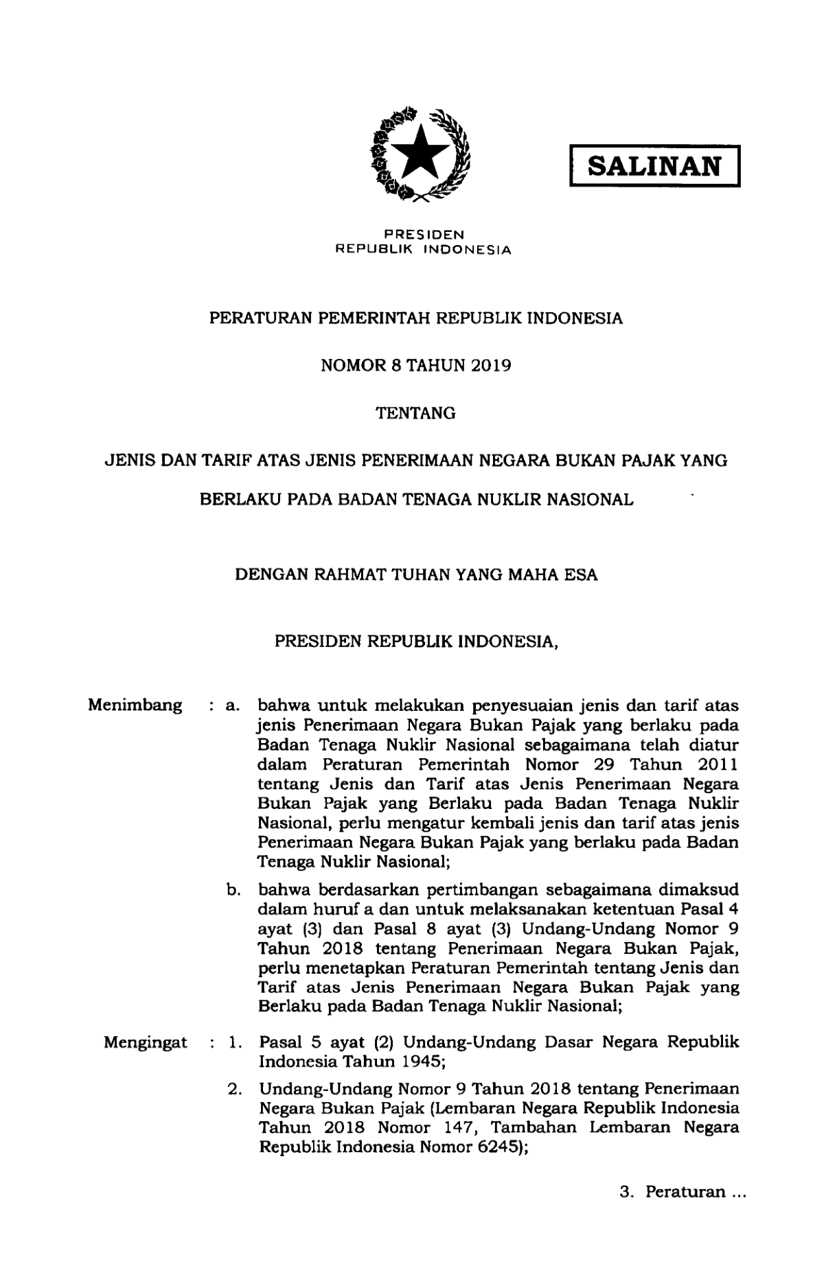 Peraturan Pemerintah Nomor 8 Tahun 2019