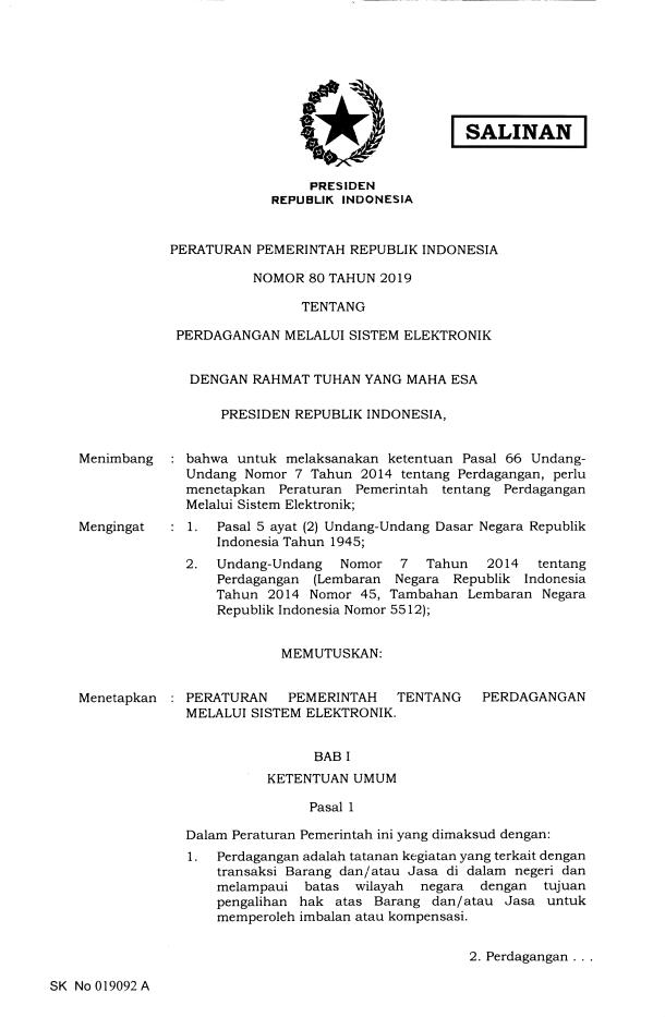 Peraturan Pemerintah Nomor 80 Tahun 2019