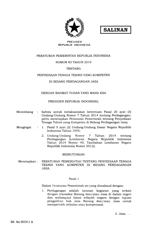 Peraturan Pemerintah Nomor 83 Tahun 2019