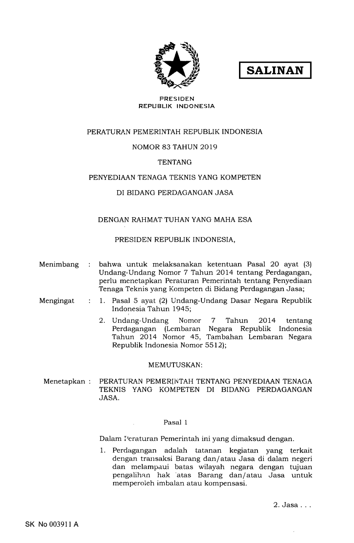 Peraturan Pemerintah Nomor 83 Tahun 2019