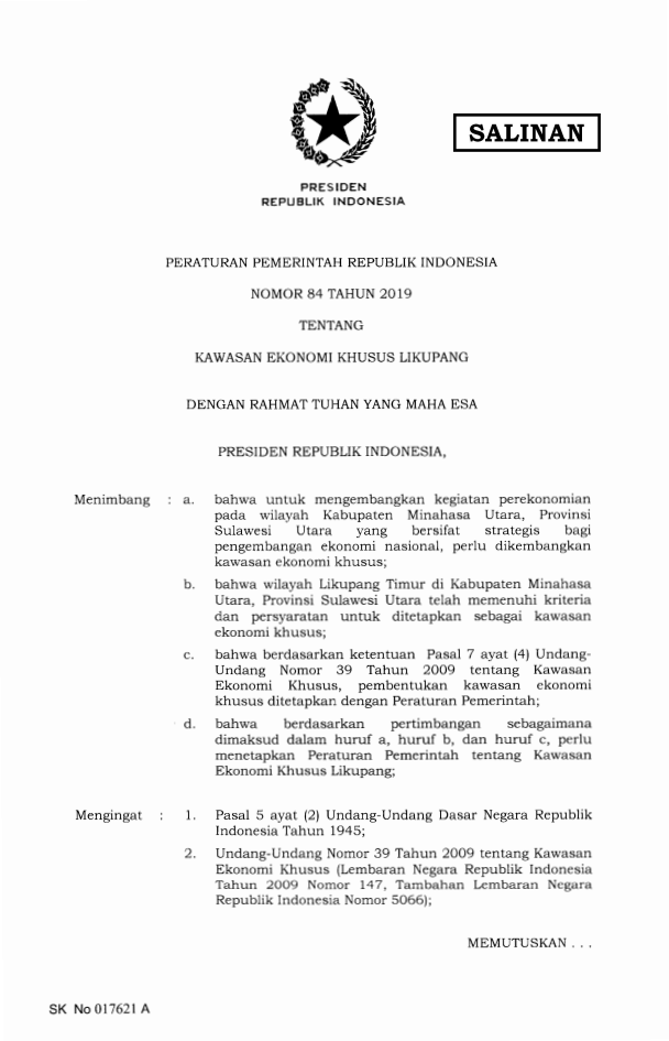 Peraturan Pemerintah Nomor 84 Tahun 2019