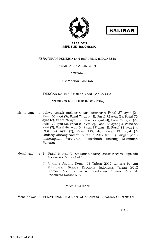 Peraturan Pemerintah Nomor 86 Tahun 2019