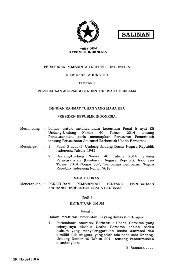 Peraturan Pemerintah Nomor 87 Tahun 2019