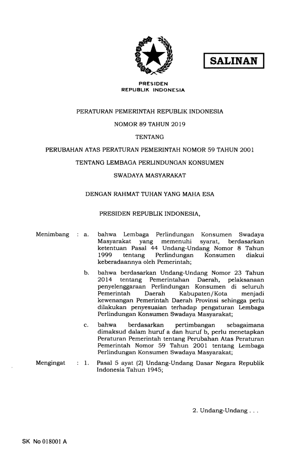 Peraturan Pemerintah Nomor 89 Tahun 2019